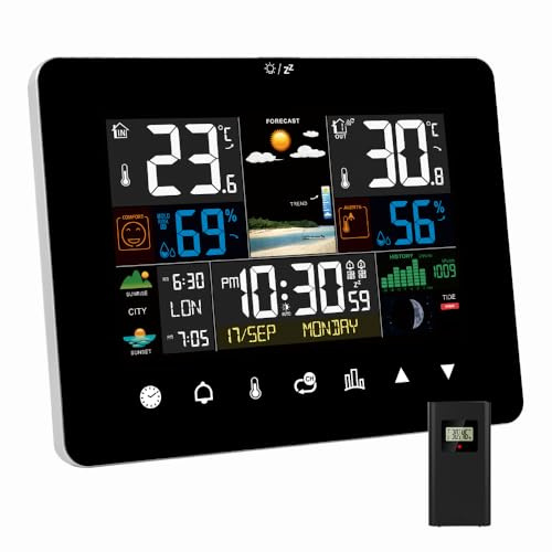 Station Météo avec Capteur Interieur Exterieur Sans Fil, Thermomètre ，Hygromètre Numérique Intérieur et Extérieur, Avec Prévisions Météo, Horloge Radio-Pilotée, Ecran LCD Couleur Rétro-Éclairé