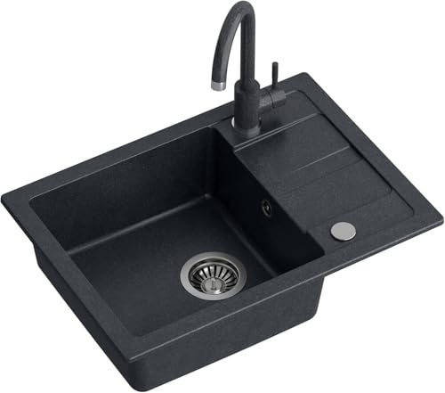 QUADRON Spülbecken Spüle Küche Granit | Größe 62 x 44 x 17,5 cm Schwarz | GO SMART Granitspüle Einzelbecken-Spüle | Einbauspüle mit Küchenarmatur | Einbeckenspüle Küchenspüle