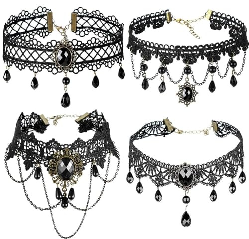 4PCS Gothic Halskette Set, Choker Kette Damen Schwarz, Spitze Halsband, Vintage Lolita Kostüm Zubehör Schmuck für Karnevals Maskerade Party