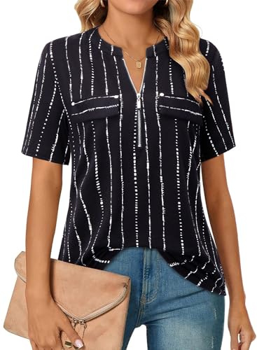 Amrto Damen Longbluse T-Shirt Kurzarm, Casual Gestreifte Kurze Ärmel V Ausschnitt Tunika Bluse mit Reißverschluss Sommer Shirt Oberteil Lässig Locker, Schwarz mit Streifen XXL
