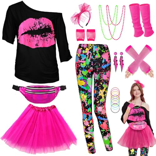 80er Jahre Outfit Damen, Bunte Leggings T-shirt Kostüm mit Neon Accessoires | 25 Pcs 80er Set mit T-Shirt Bunten Leggings Tutu und Accessoires für Karneval, Fasching, Halloween und Bad-Taste-Mottopartys