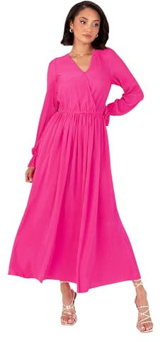 Lovedrobe Women's Midaxi Dress Ladies Wrap V-Neck Long Sleeve Ruffle Cuff A-Line Plissé Evening Occasion Wedding Guest NAN, Rosa Fucsia, 42 Donna