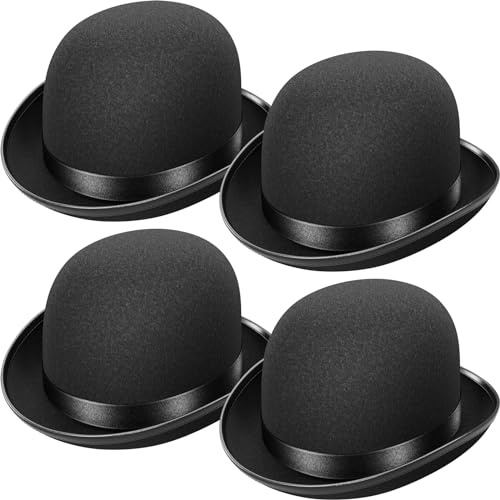 WELLGRO 4x Hut Melone schwarz für Erwachsene, Bowler mit Satinband, 30,5 x 24 x 13 cm (LxBxH)