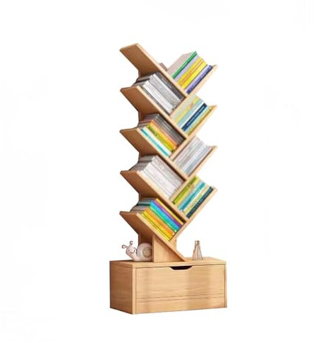 Baum-Bücherregal mit Aufbewahrungsschrank, modernes drehbares hohes schmales Bücherregal für Schlafzimmer/Wohnzimmer/Heimbüro/Ecke, Holzbodenstehendes Bücherregal