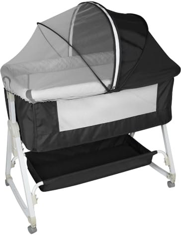 OHMG 3 en 1 - Cuna Co-sleeping con mosquitera, cuna de bebé al lado de la cama para Cosleeping, cuna Baby Bassinet Baby Bedside Sleeper, para bebés de 1 a 36 meses, con ruedas giratorias 360° y cesta