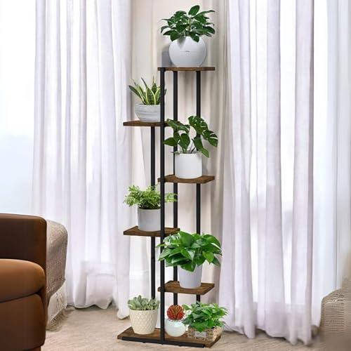DanDiBo Blumenregal Indoor Metall Schwarz 6 Etagen Holz 96581 Blumentreppe Pflanzenständer Modern Blumenständer Design