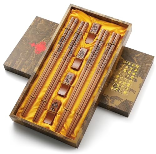 Essstäbchen, Chinesischer Drache und Phönix Essstäbchen mit Halter, Essstäbchen Wiederverwendbar Spülmaschinenfest, Essstäbchen Geschenksets (4 Paar)