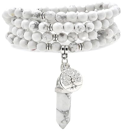 Charm Albero della Vita, 108 Perle Mala Naturale Collana spirituale con ciondolo esagonale al quarzo Reiki (Howlite)