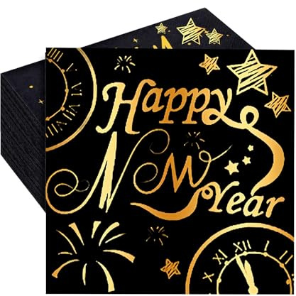 Lot de 20 serviettes en papier double épaisseur pour fête du Nouvel An Noir et doré