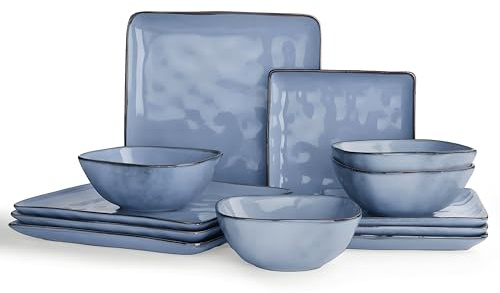 Richmount Ocean Service de table en faïence pour 4 personnes, 12 pièces, set d'assiettes carrées, service combiné avec vernis réactif, service de table résistant aux rayures, Bleu