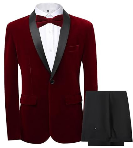 Gefomuofe Pantaloni da uomo, slim fit, 2 pezzi, tuta da lavoro, slim fit, elegante, blazer, abito da sposa, moderno, smoking set, giacca e pantaloni alla moda, abito leggero, Vino, 6XL