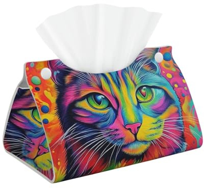 Lange Taschentuchbox-Abdeckung, bunte Katze, Leder, Taschentuchbox-Halter für Badezimmer, Salons, Büro, Schlafzimmer
