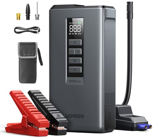 UGREEN Car Battery Jump Starter with Air Compressor 150PSI, Car Jumper Starter Portable (4L Gas/2.8L Diesel), Jump Box Car Battery with Auto-Shutoff Tire Inflator, Jumper Cables and Light