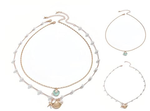 JOZMMZEOOA 2 Stücke Muschelkette,Kette Damen Gold Layer Charm Muschel Kette Schmuck Muschelkette Meerjungfrau Stapelbar Halskette Mädchen Goldketten Perle Boho Kette,für Sommer Strand(Gold Blau)