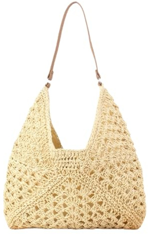 HSTWODE Stroh Strandtasche klein Damen - Korbtasche Geflochten mit leder,Boho Basttasche Netz Shopper für Reisen&Urlau