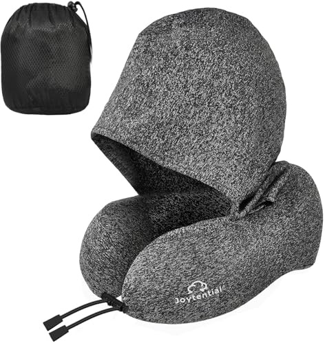 Joytential Nackenkissen Flugzeug mit Kapuze, Memory Foam Reisekissen Flugzeug Verstellbares, Nackenhörnchen Erwachsene, Travel Airplane Neck Pillow, Nackenkissen Reise für Auto, Büro, Graue