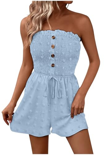 Summer Playsuits for Women UK Elegant Strapless Jumpsuit Ladies Wrap Waist One Piece Tube Rompers Shorts Casual Plain Slim Fit All In On Party Jumpsuits