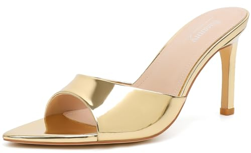 Susanny Gold Mule Heels for Women Pointed Open Toe Sexy Slip on High Heeled Sandals Stiletto Dress Comfortable Backless Mules Shoes Wedding Bridal Parties Vacation Casual Office Work Shoes 9.5