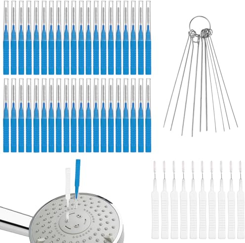 lasuroa 40pcs Shower Head Cleaning Brushes, 2 Designs Shower Head Cleaner Brush Tools & 10 Multi-Sized Unclogging Needles Showerhead Cleaning Pick for Nozzle Gap Holes Bathroom Window Slot (Blue)