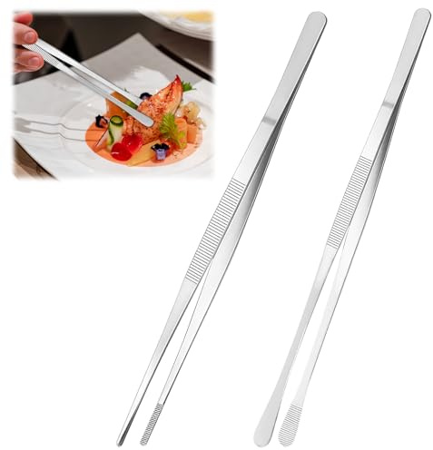 2 Pcs 12-Inch Fine Tweezer Tongs - Extra-Long Stainless Steel Cooking Tweezers for Roasting, Serving, and Stir-Frying -for Grilling, Pickle Spearing, and More