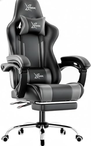 Blisswood Gaming Chair – Ergonomic Video Game Computer Chair with Footrest, Headrest & Lumbar Support, Height-Adjustable High Back Reclining PC Racing Gamer Chair for Adults – Black/Grey