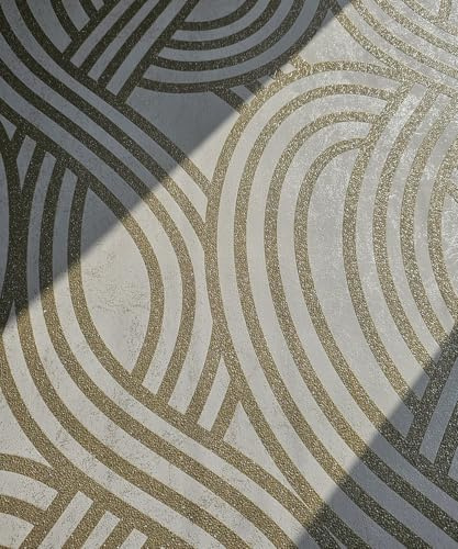 AMINAH DECO Textured Matte Gold Geometric Lines Wallpaper Roll - Abstract Curved Metallic Shimmer Modern Non-Woven, Paste Required, 20.8 x 393 (57 sq ft)
