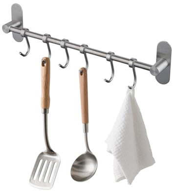 Kelelife Geschirr hängende Rack mit 6 abnehmbaren Haken keine Bohrung, Edelstahl Küche Schiene Pfanne Hanger Wandmontage Organizer für Werkzeuge, Handtücher, Töpfe, Mäntel, Hüte gebürstetes Nickel