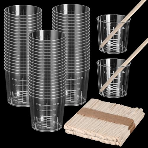 150 Pack 2oz/60ml Plastic Graduated Cups, Plastic Mixing Cup, Clear Scale Cups with 200 Pcs Wooden Stirring Sticks for Resin, Stain, Epoxy, Mixing Paint