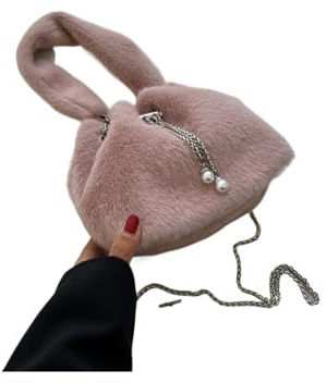 DJSKLDF Fluffig tygväska handtag tygväskor för kvinnor vinter hinkväska trend liten mjuk fuskpäls Kawaii handväskor och handväska, Rosa, (30cm(Max Length(50cm)