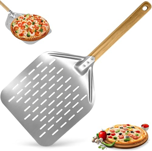 12in Aluminum Perforated Pizza Peel with Long Wood Handle, Practical Metal Pizza Paddle, Pizzas Turning Spatula, Bread Baking Shovel, Oven Tools Accessories Set for Homemade Cookies, Cake, Pastry, BBQ