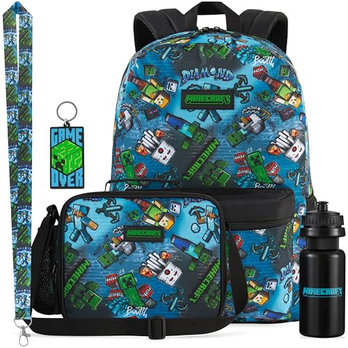 Get Trend Minecraft 5 Pezzi Capiente Zaino Ragazzo Set con Borsa Termica Porta Pranzo, Senza BPA Borraccia, Laccetto e Portachiavi (Multi Minecraft)