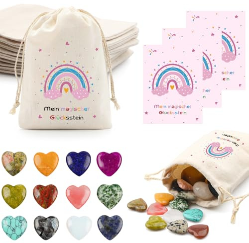 12er Glückssteine für Kinder, Kindergeburtstag Mitgebsel mit Edelsteine Jutesäckchen und Magische Steine Kärtchen, Give Away für Taufe Kommunion oder Einschulung Geschenk, Glücksbringer Kinder(H)