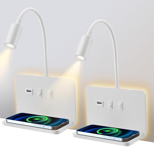 Eirolace Leselampe Wandmontage mit USB 3 IN 1, 3W+10W Leselampe Bett mit Schalter und Wireless Charger, LED Wandleuchte Bett Leselicht 360° Schwenkbar Schwanenhals Lampe mit für Schlafzimmer(2PCS)