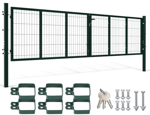 Trädgårdsgrind metall, dubbelbladig trädgårdsdörr, 350 x 100 cm, fyrkantigt rör, för lanthus/hästgräsmatta, för staket med dubbla stavar (grön)