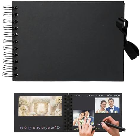 Album Scrapbook Fotografico Nero 23,5x15 cm, 60 Pagine, Album Foto DIY con Rilegatura a Spirale e Chiusura a Nastro, per Matrimonio, Viaggi e Ricordi