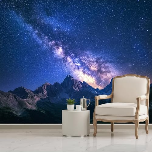 Papel Pintado Fotomural Montañas del cielo estrellado 300 x 210 cm pared cocina salón dormitorio restaurante Azul oscuro decoración mural moderno