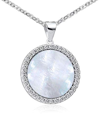 MATERIA Perlmutt Anhänger rund weiß - Kettenanhänger Silber 925 Damen mit Muschel, Zirkonia und Kette in Schmuckbox
