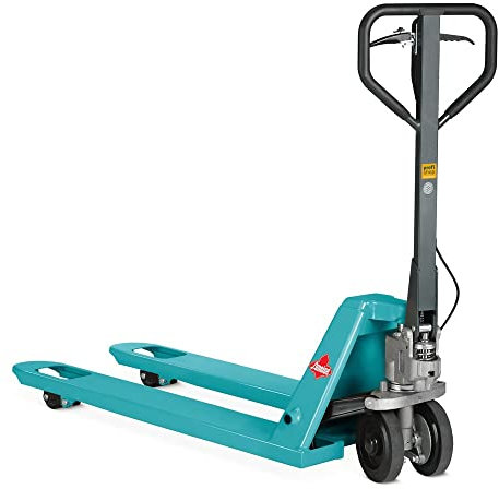 Ameise Hubwagen PTM mit Handbremse | 2.500 kg Tragkraft | 1.150 mm Gabellänge | Lenkrad aus laufruhigem Vollgummi | Einfach-Gabelrollen aus robustem Polyurethan | Palettenhubwagen