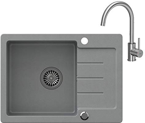 VBChome Granit Spülbecken 60×44 cm Grau | Einzelbecken mit Abtropffläche | 80% Granit Verbundspüle, reversibel, flächenbündig | inkl. Siphon & 360° Armatur | Küchenspüle kratzfest gesprenkelt
