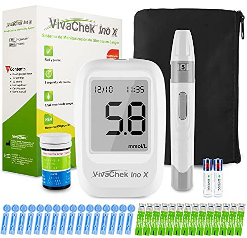Medidor de glucosa en sangre, kit medidor azucar en sangre con tiras de prueba de glucosa en sangre 50, recordatorios de prueba y 900 memorias por VivaChek Ino X glucometro mg/dL