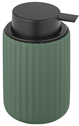 WENKO Flüssigseifenspender Mod. Belluno, nachfüllbarer Seifenspender aus hochwertiger Keramik, Seifendosierer mit moderner Rillen-Struktur, Soft-Touch, Matt Grün/Schwarz, Ø 8 x 13,5 cm, 300 ml