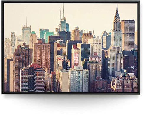 Wandbild Skyline New York Vintage Look - 150cm x 100cm Leinwand auf 2cm Keilrahmen mit Schattenfugenrahmen schwarz