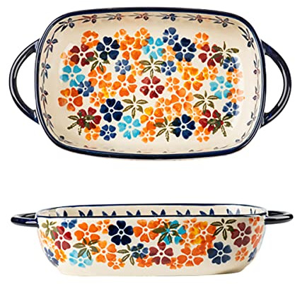 Bicuzat Colorful Cherry Blossom Flowers Vintage Style Ceramic Bakeware Dish Casserole Dish Baking Pan Lasagna Pans with Handles for Oven/Cooking/Kitchen, 1 PCS, 22 oz