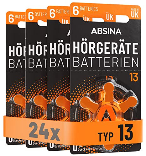 ABSINA Pile per apparecchi acustici 13 Zinco Aria con 1,45V - 24 batterie apparecchi acustici 13 con pellicola protettiva - pile acustiche 13 - PR48 ZL2 P13 Pile apparecchi acustici 13