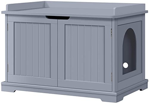 Yaheetech Maison de Toilette pour Chat, Meuble Cache Litière pour Chats, 2 Portes, 1 Cloison Amovible, 7 Trous d’Aération, Table d'Appoint Gris