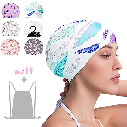 Crazy Bean Gorro Piscina Mujer Silicona Gorro de Natación con Tapones de Oídos y Pinza Nasal Elásticos y Cómodo para Largo Cabello Corto Impermeable Swimming Cap