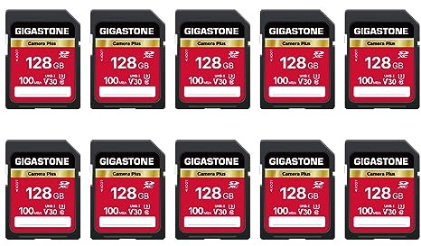 GIGASTONE Tarjeta de Memoria SDXC 128GB Paquete de 10, cámara Plus, Velocidad 100MB/s. Compatible con videocámara, cámara, Canon, Sony, para 4K UHD Video, con 10 Mini Estuches