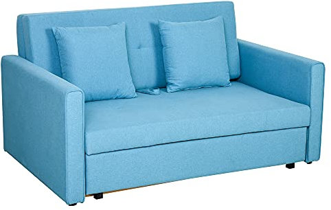 HOMCOM Schlafsofa 2-Sitzer Sofa mit Bettfunktion, Polstersofa mit Stauraum, Rückenkissen, Schlafcouch für Wohnzimmer, Polyester, Holz, Hellblau, 152 x 101 x 81cm