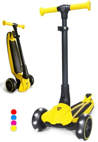 Kicknroll Skoter barn 3 år – 6 år från småbarn, pojke, flicka, vikbar skoter med 4 höjdjusterbar, LED-hjul, lysande pedal – premium trehjuling, sparkcykel, styre för barn