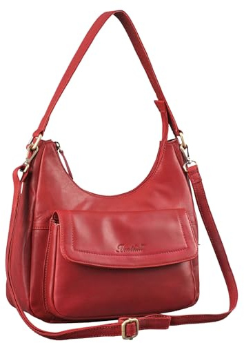 Benthill Handtasche Damen Echt Leder | Schultertasche aus echtem Rindsleder | Umhängetasche mit Reißverschluss | Ledertasche mit Henkel & Umhängegurt, Farbe:Rot